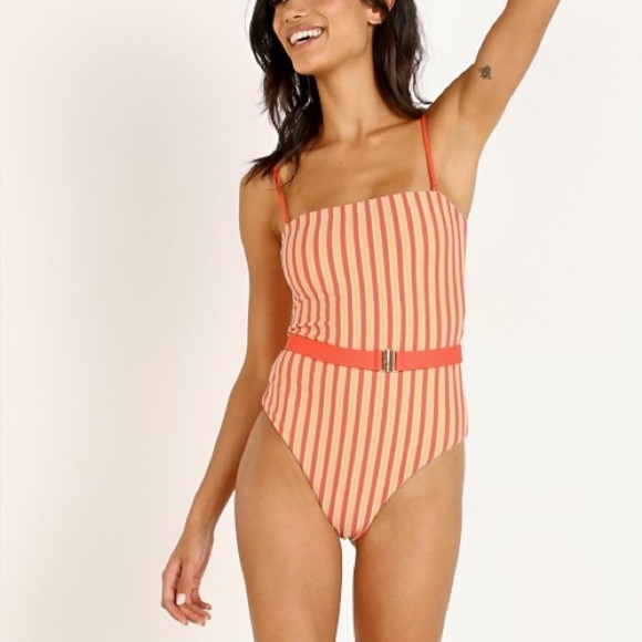 L*Space Belted Striped Orange and White Swimsuit - Picture 1 of 11